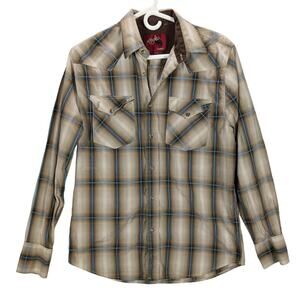 Rodeo Clothing Co Pearl Snap Shirt Mens Medium Brown Blue Plaid Western Cowboy